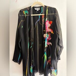 Vintage Hand Painted Silk  Yolanda Lorente Black Floral Sheer Cape Small Black